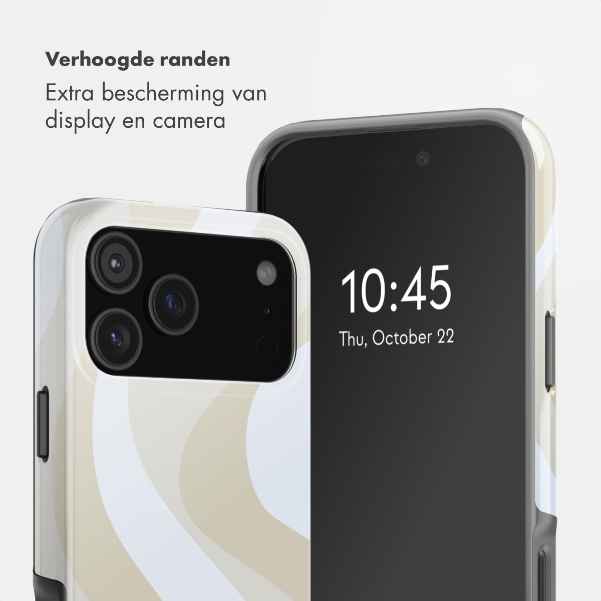 Zwei Smartphones mit Mustern in Beige und Weiß, die erhöhte Kanten für den Schutz von Display und Kamera zeigen.