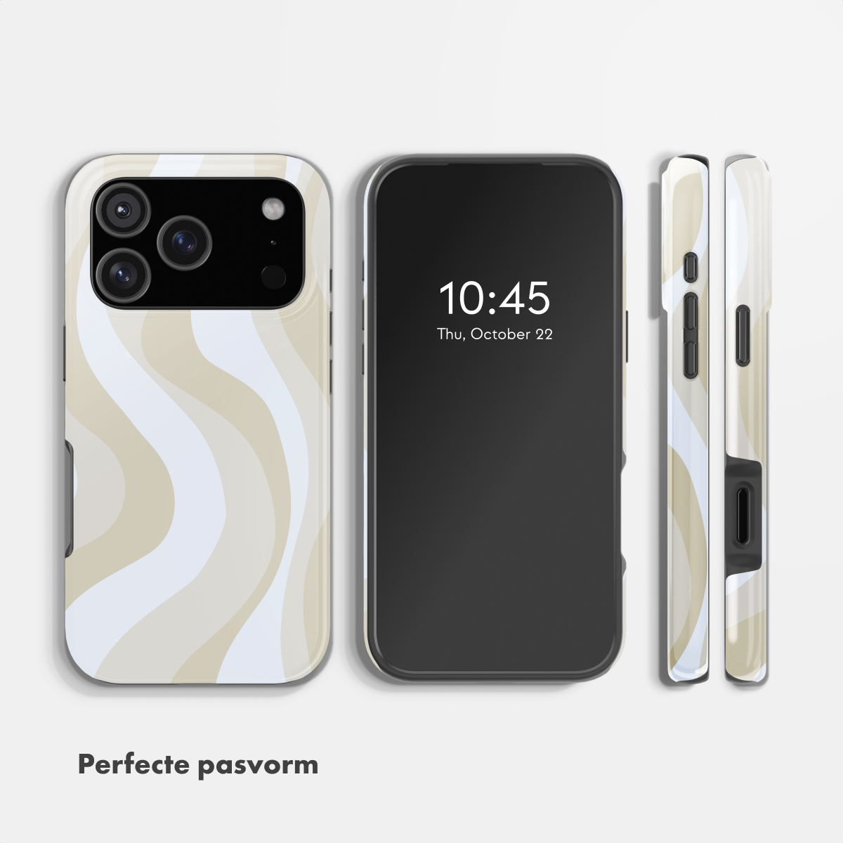 Smartphone mit beiger und weißer Wellenhülle, Frontansicht, Rückseite und Seitenteile auf weißem Hintergrund.