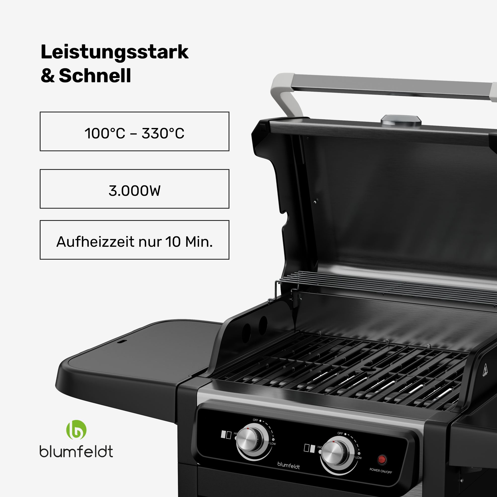 Leistungsstarker Blumfeldt Elektrogrill mit offener Haube, Temperatur bis 330°C und 3.000W.