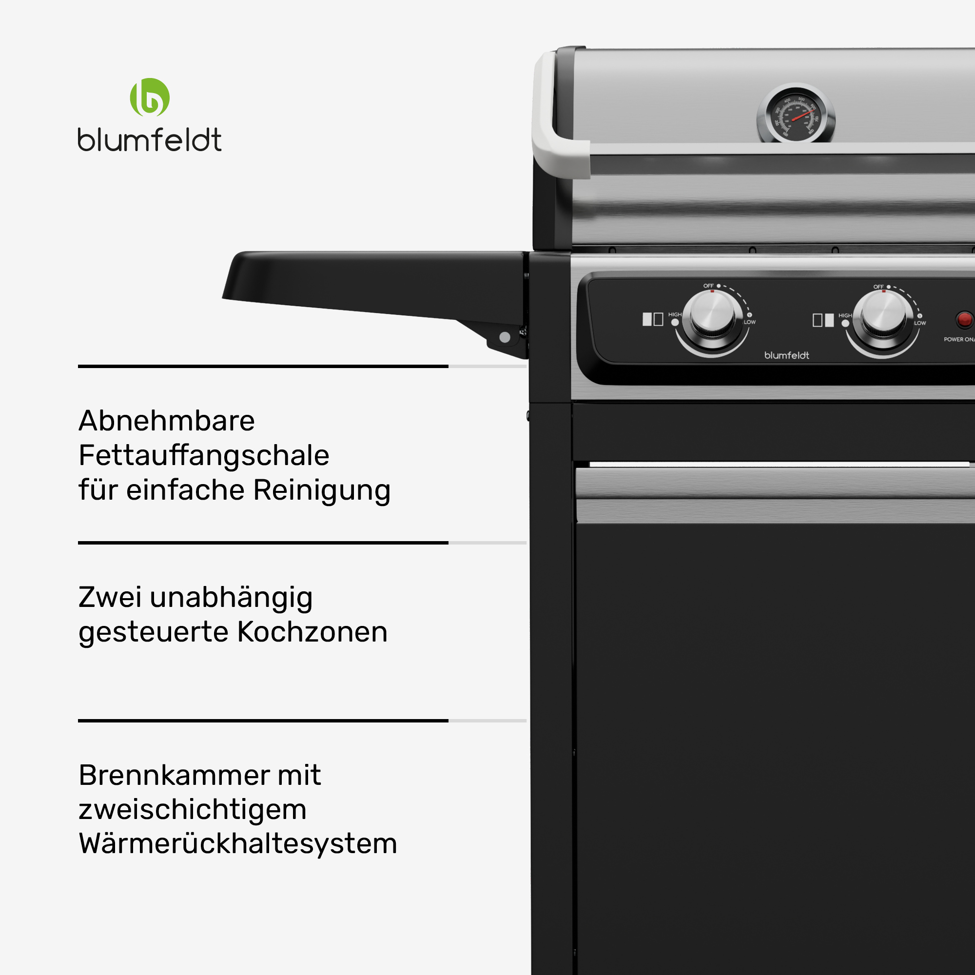 Blumfeldt Gasgrill mit Edelstahlhaube, zwei Reglern und deutscher Textbeschreibung auf der linken Seite.