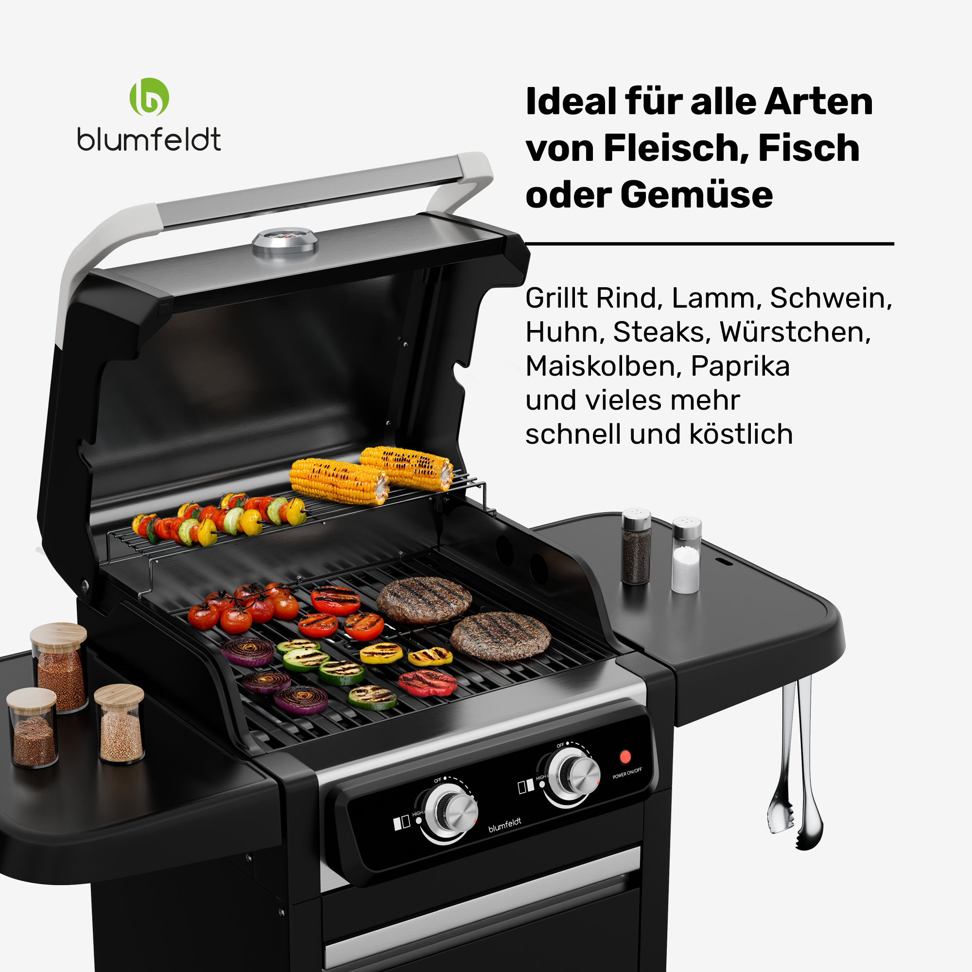 Ein schwarzer Blumfeldt Gasgrill grillt Burger, Mais und Gemüse, mit deutschem Text und Gewürzdosen.