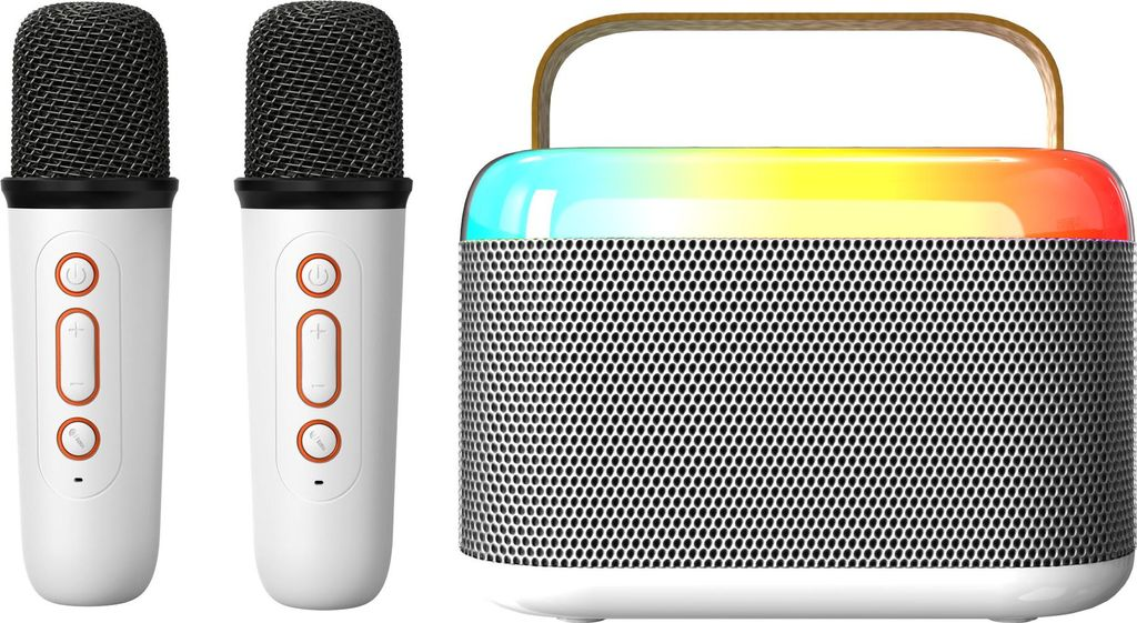 Zwei weiße Mikrofone mit orangen Knöpfen neben einem weißen und silbernen Lautsprecher mit Regenbogen-Licht und Holzgriff.