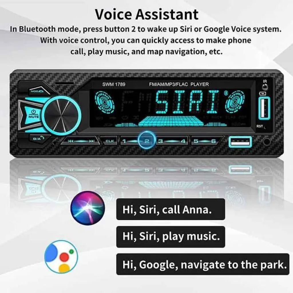 Ein Car-Audio-Receiver mit blauer Beleuchtung, der Sprachassistenten wie Siri und Google unterstützt.