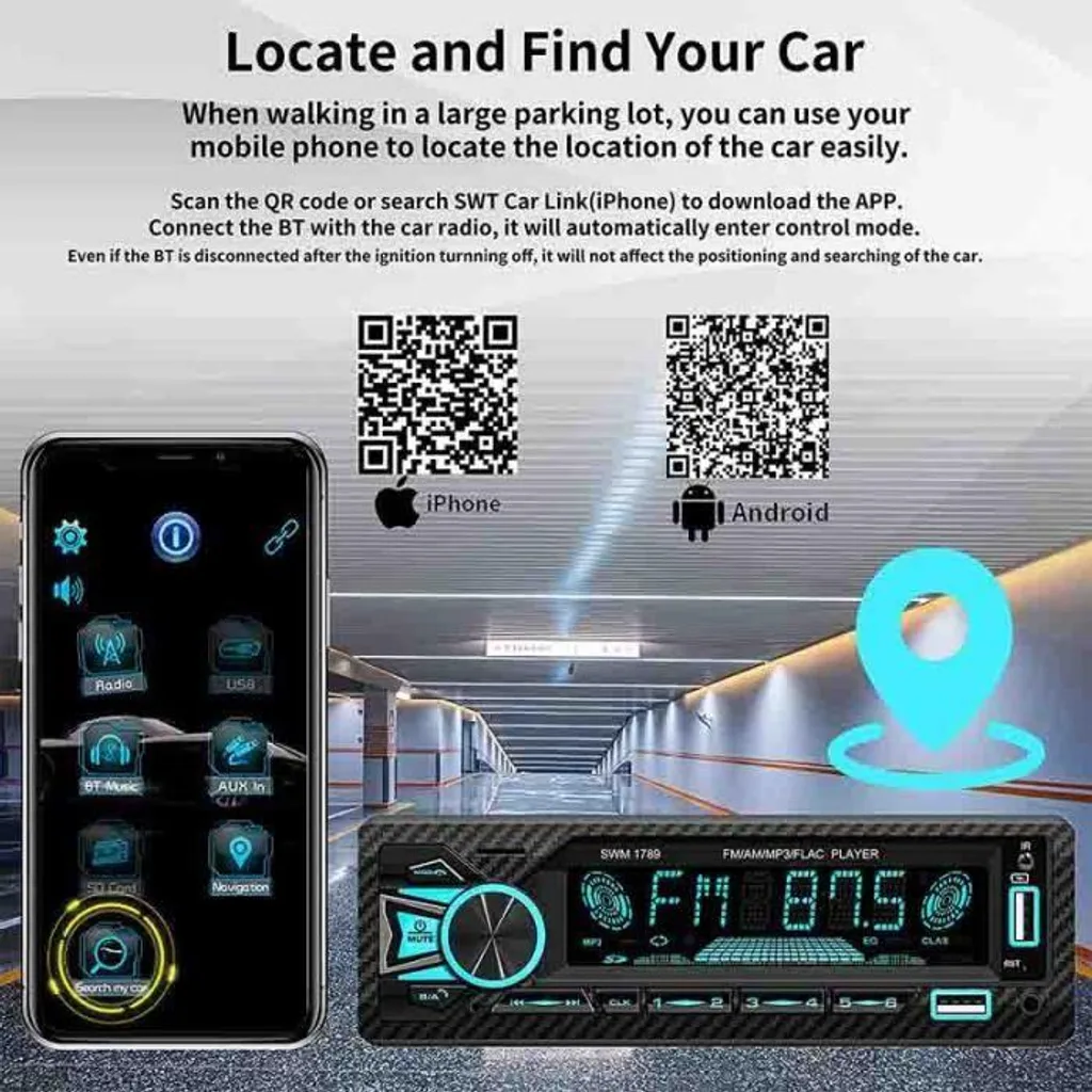 Anleitung zur Nutzung einer Smartphone-App zur Autosuche über Bluetooth-Radio und QR-Codes.
