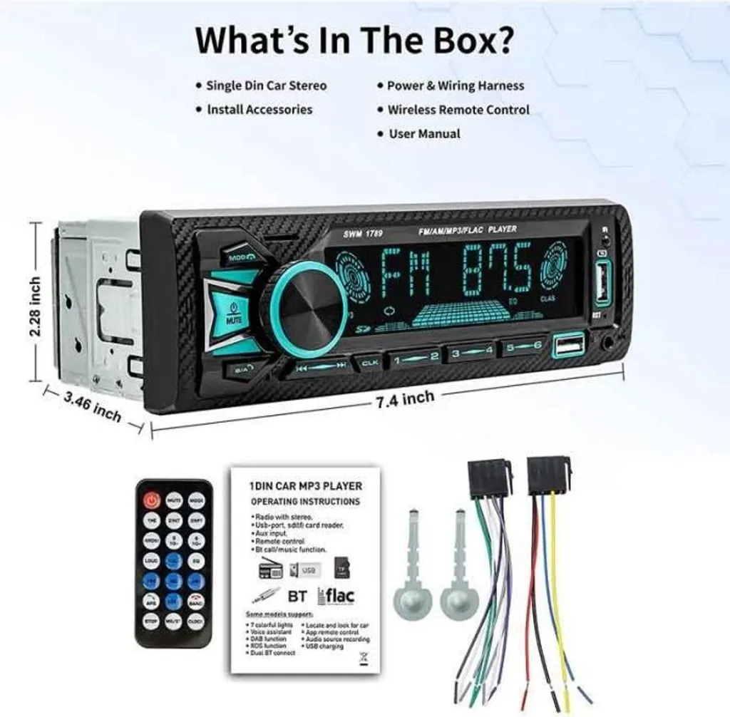 Ein Auto-MP3-Player mit Fernbedienung, Handbuch, Verkabelung und Installationszubehör.