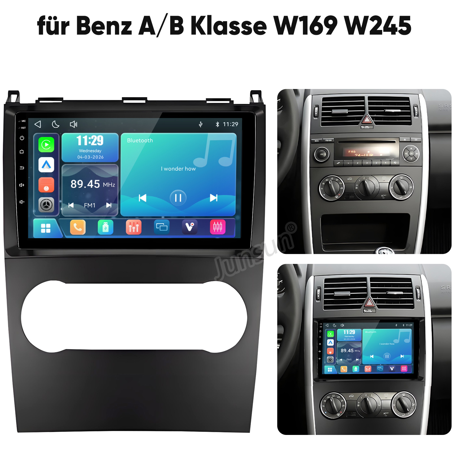 Autoradio für Benz A/B-Klasse, zeigt das Produkt allein und im Armaturenbrett eingebaut.