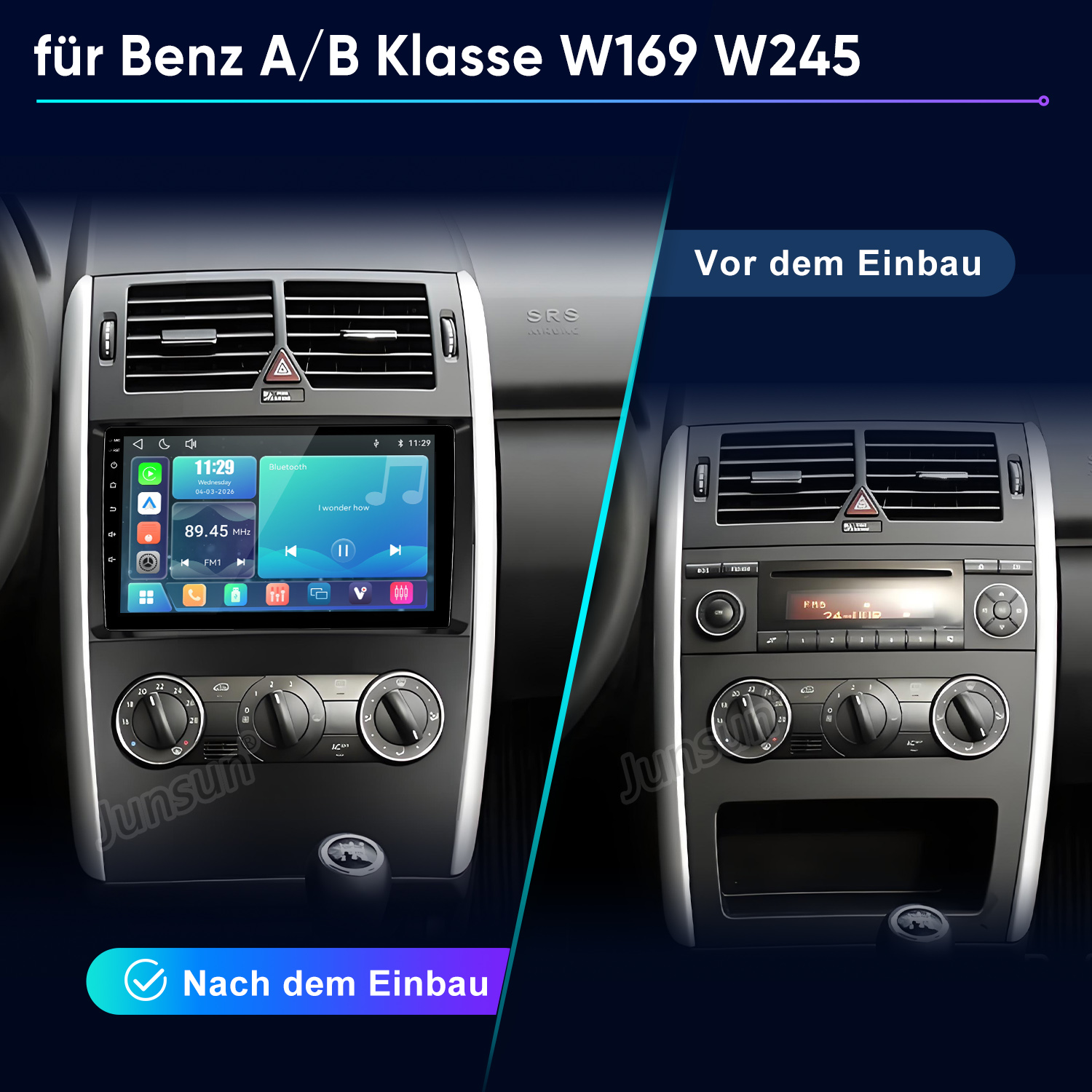 Vergleich zweier Armaturenbretter für Mercedes W169 W245 vor und nach dem Einbau eines modernen Touchscreen-Radios.