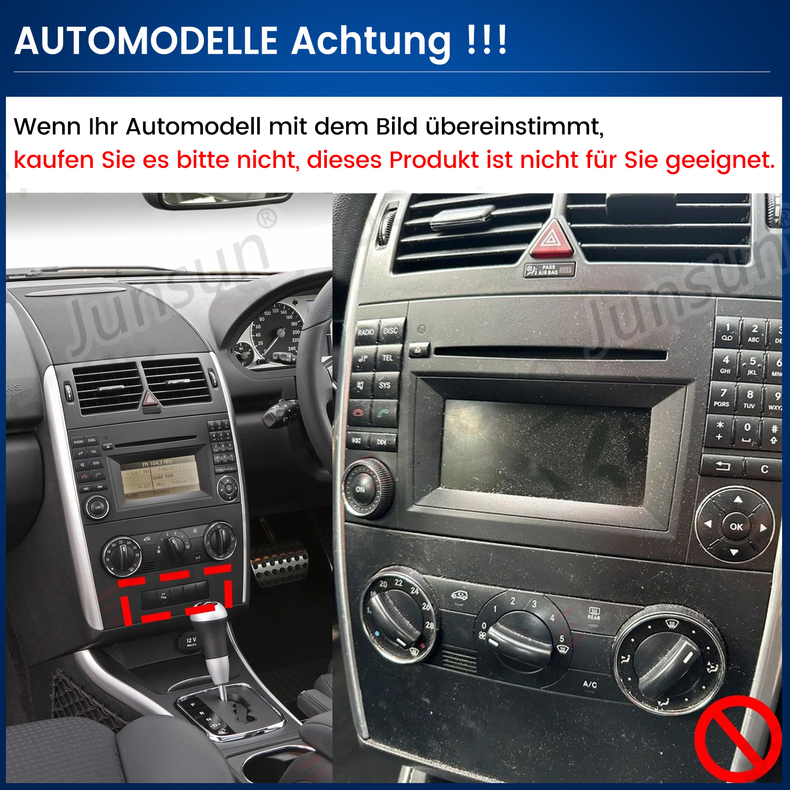 Autoinnenraum mit Warntext und zwei Bildern des Armaturenbretts, die eine Inkompatibilität zeigen.