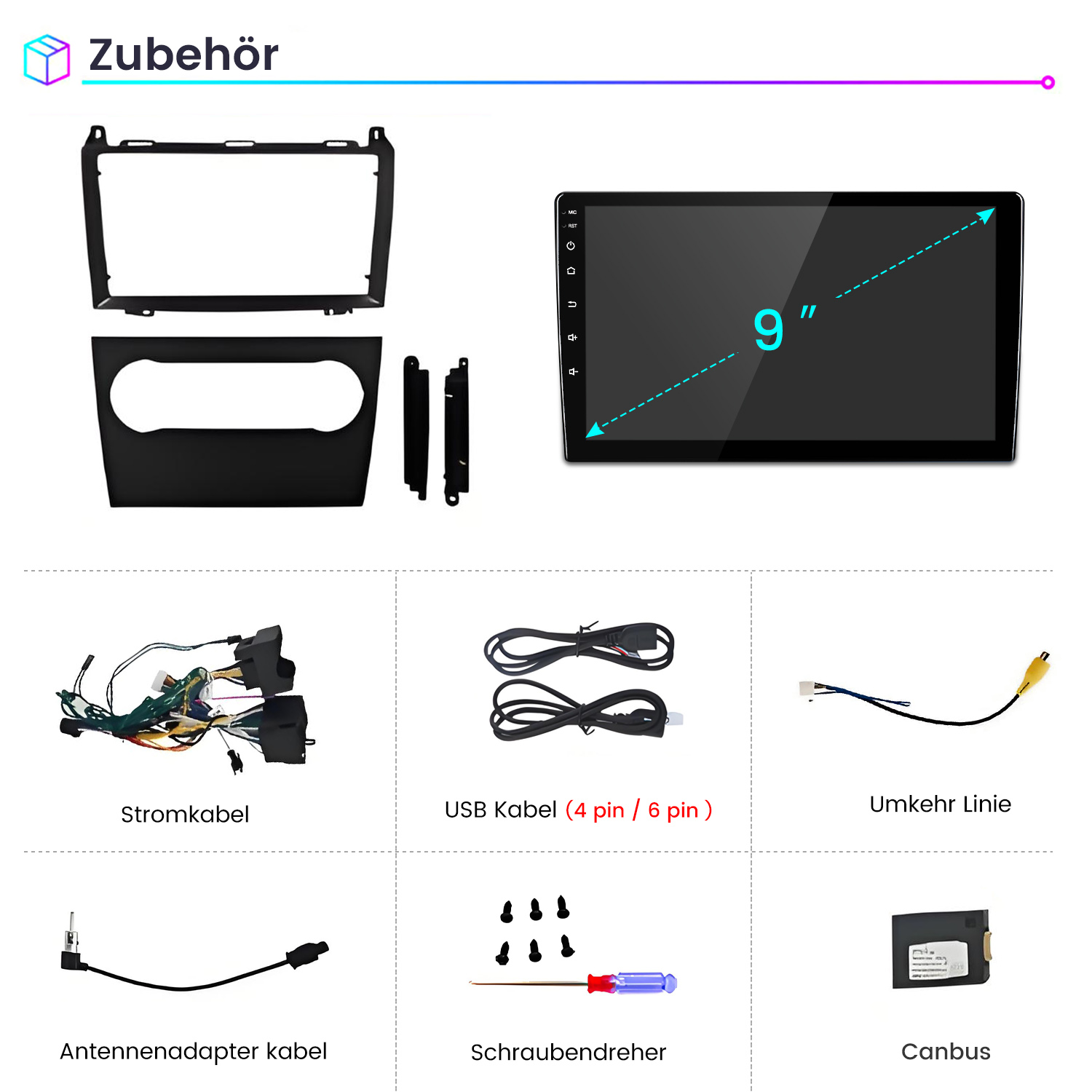 Zubehör für Autoradios mit 9-Zoll-Bildschirm, Einbaurahmen, Kabeln, Schraubendreher und Canbus.