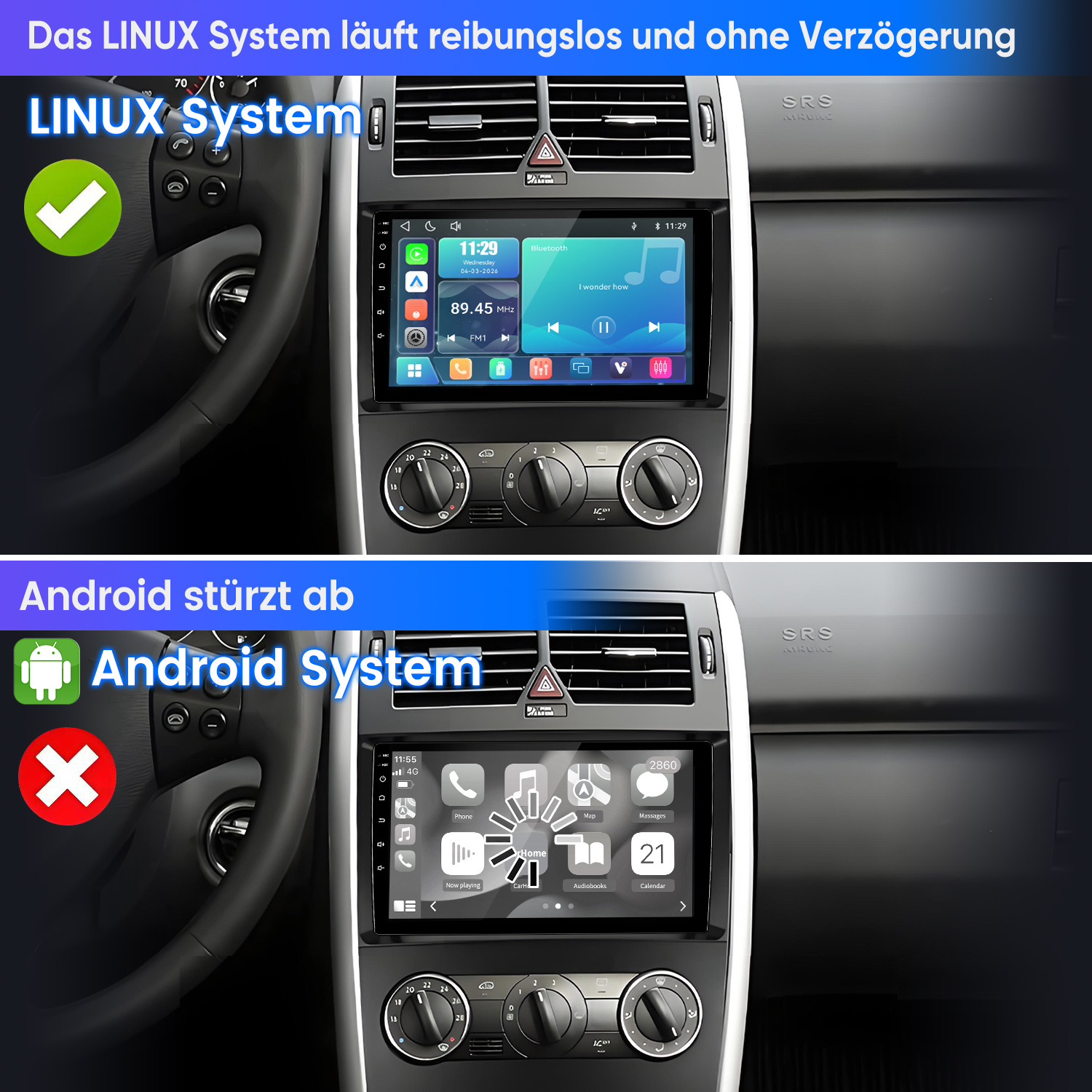 Vergleich zweier Auto-Displays: Linux-System läuft flüssig, Android-System zeigt Fehlermeldungen.