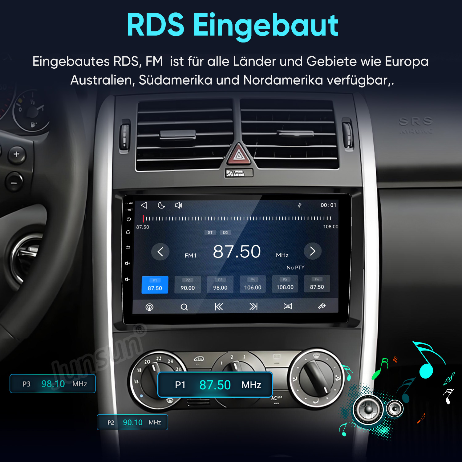 Ein Car-Audio-Bildschirm im Armaturenbrett zeigt die Frequenz 87,50 MHz mit Bedienelementen und Musiknoten.