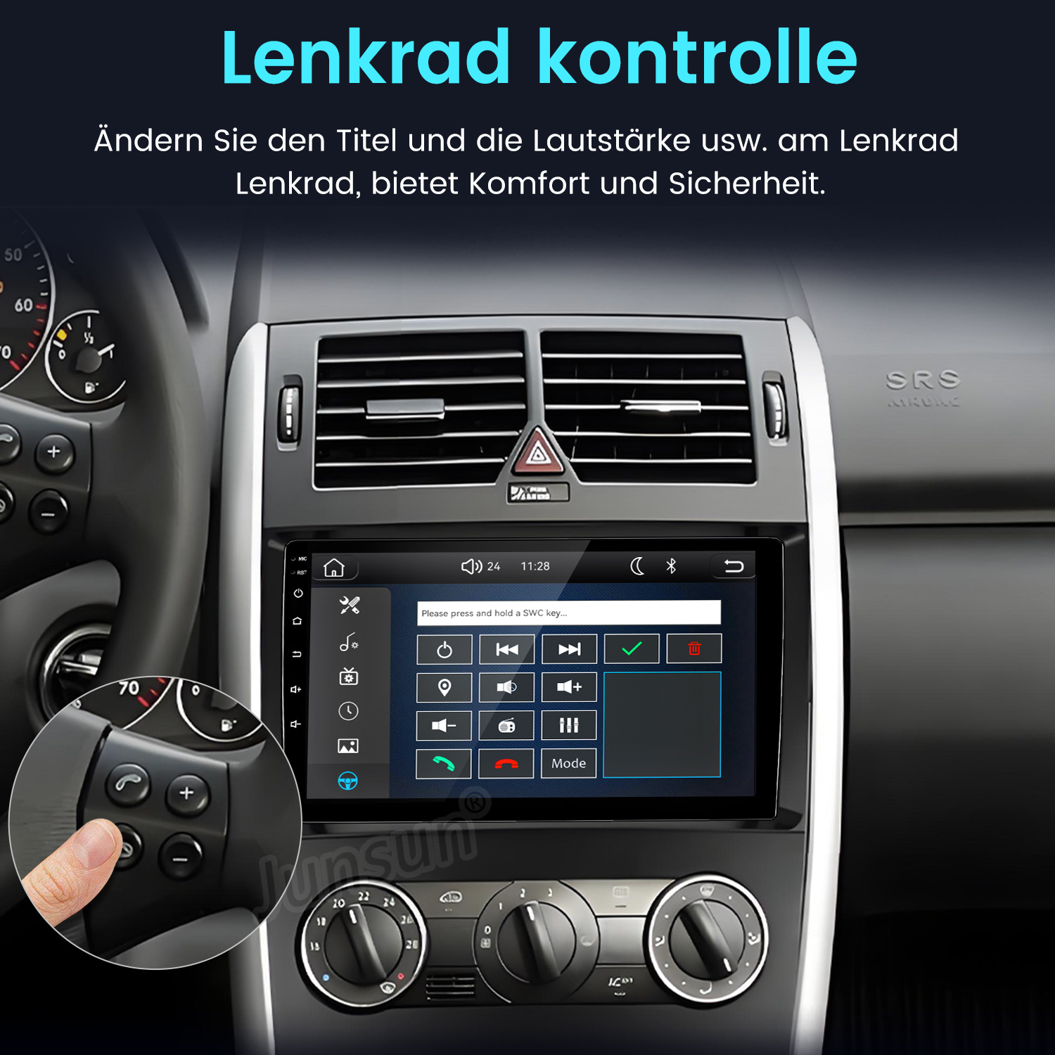 Autoinnenraum mit Touchscreen-Infotainment-System und Lenkradfernbedienung.
