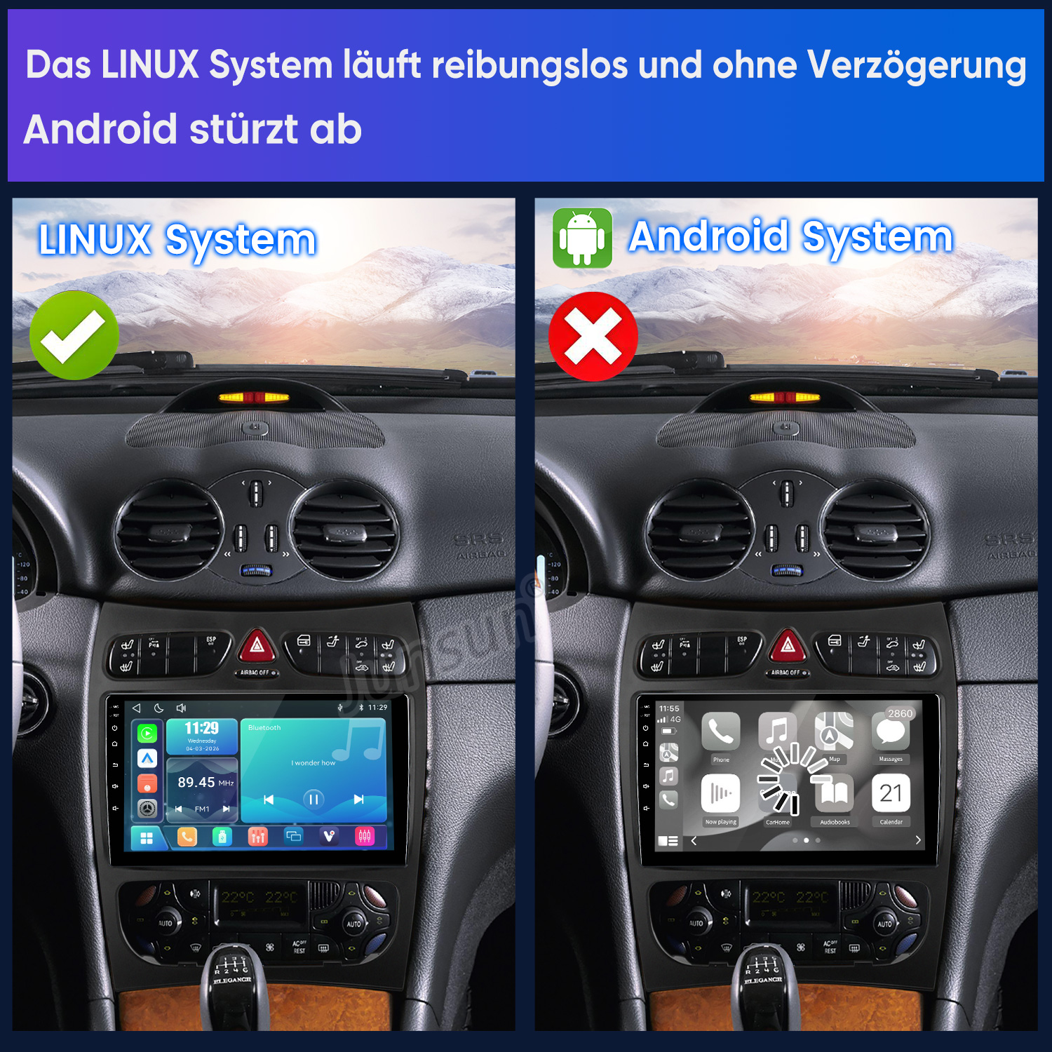 Vergleich von Linux- und Android-Systemen im Auto mit grünem Haken für Linux und rotem Kreuz für Android.