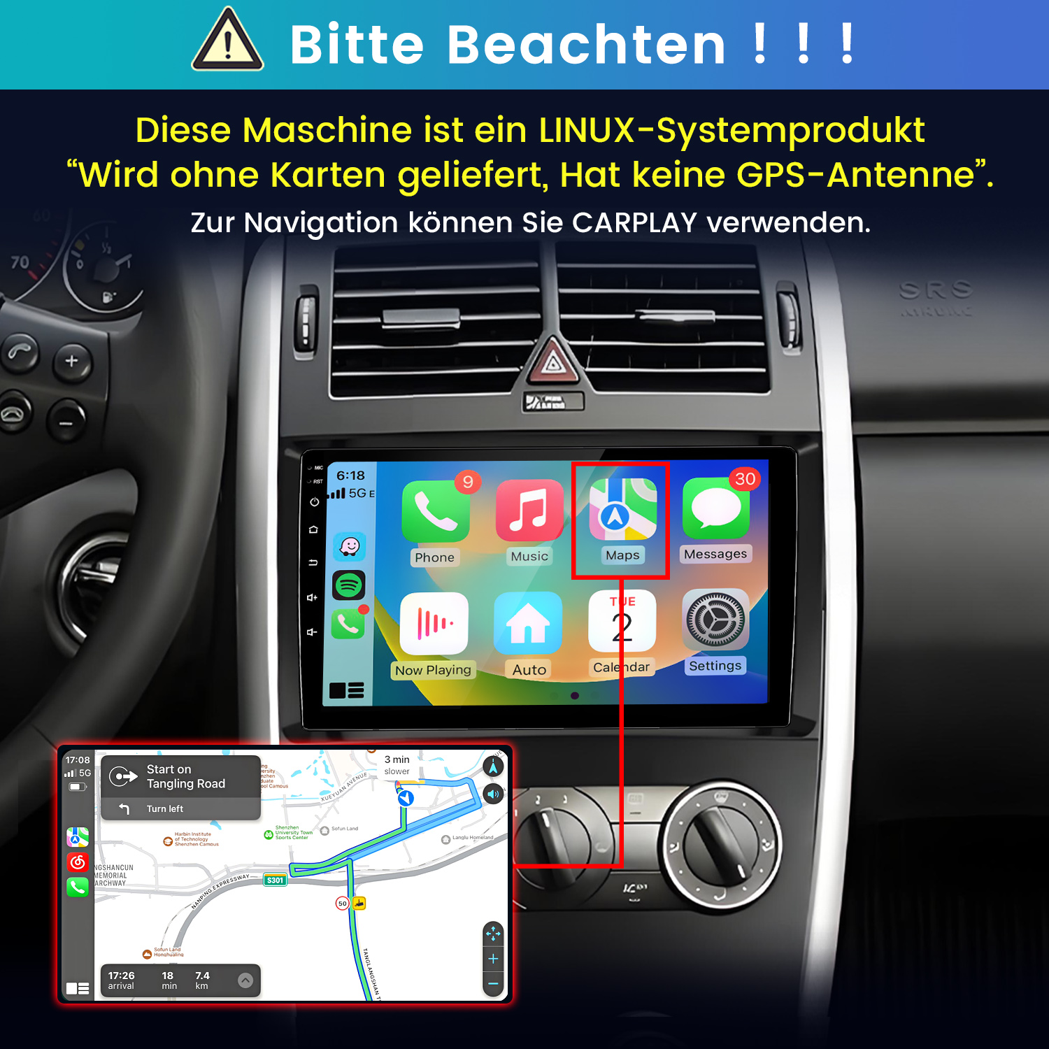 Linux-Autoradio mit CarPlay-Navigation, ohne Karten und GPS-Antenne.