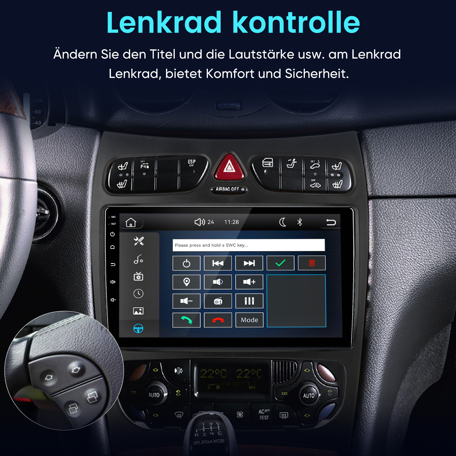 Autoinnenraum mit Touchscreen-Multimedia-Display und Lenkradsteuerungs-Menü.