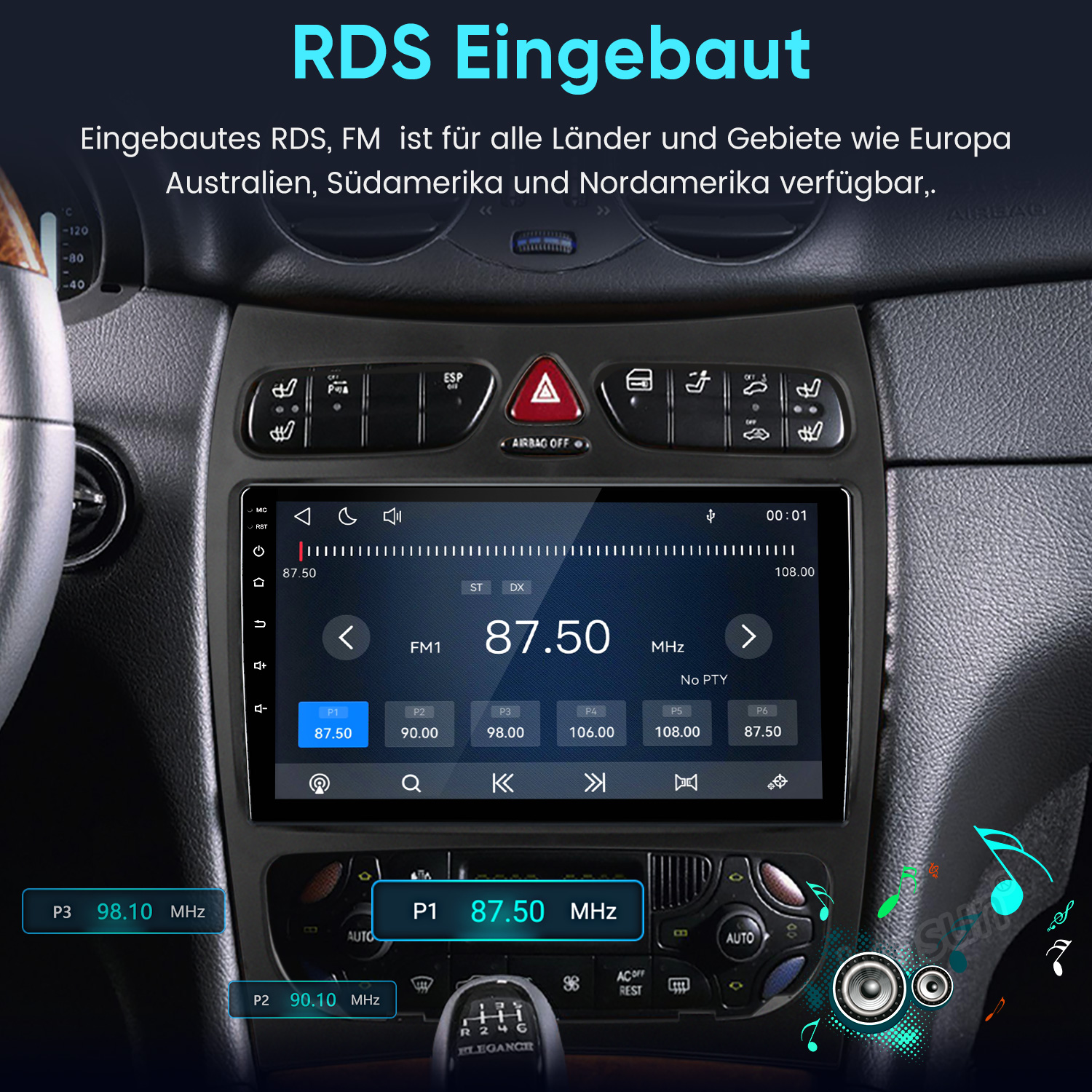 Ein Auto-Infotainment-Bildschirm zeigt die FM-Radiofrequenz 87.50 MHz, umgeben von Bedienelementen und Musiknoten.