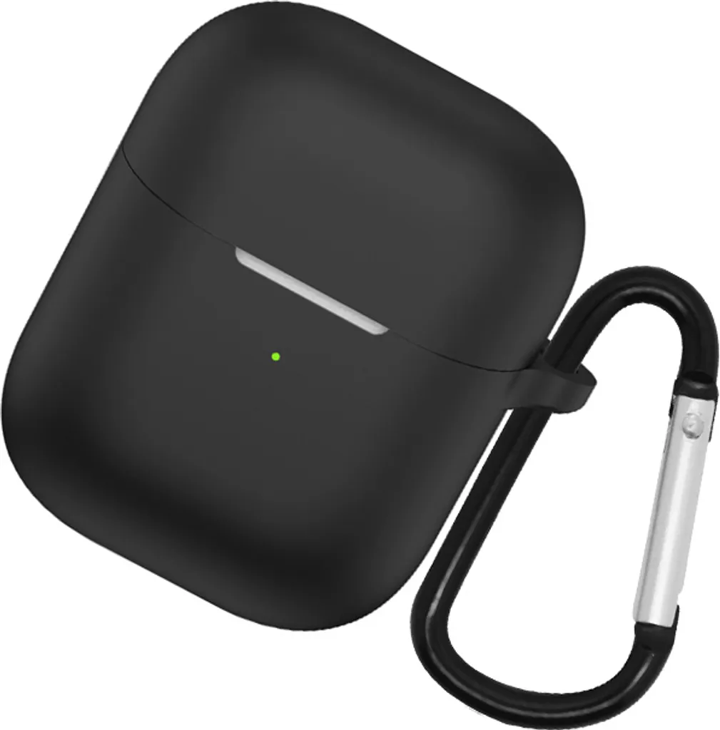 Eine mattschwarze Schutzhülle für AirPods mit einem schwarzen Karabinerhaken auf weißem Hintergrund.