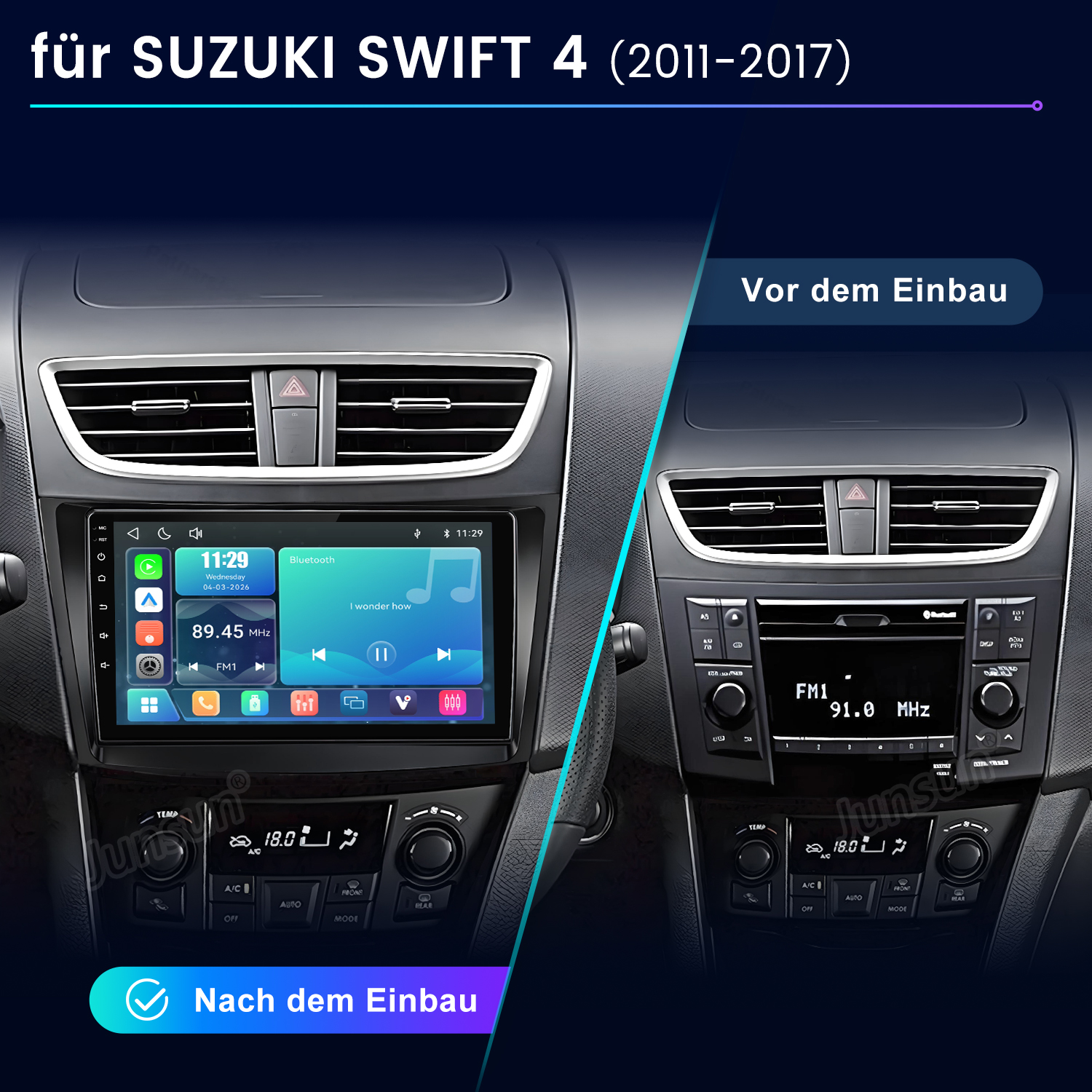 Vergleich der Suzuki Swift 4 Mittelkonsole vor und nach dem Einbau eines neuen Infotainmentsystems.