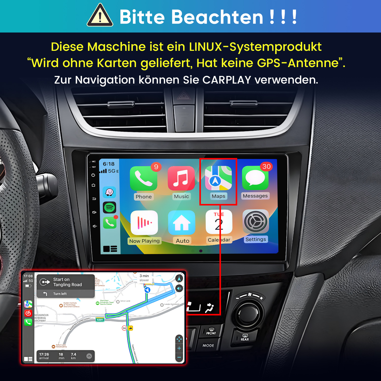Autoinnenraum mit Carplay-Navigation auf dem Infotainment-Bildschirm.