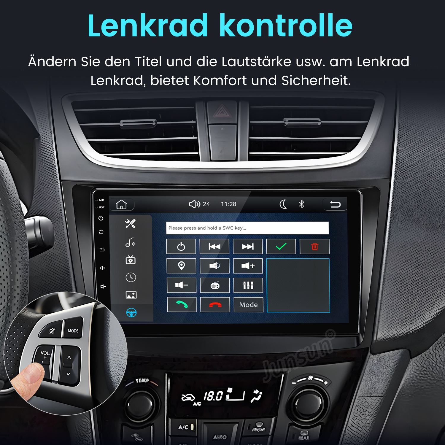 Autoinnenraum mit Touchscreen und Zoom auf Lenkradtasten.