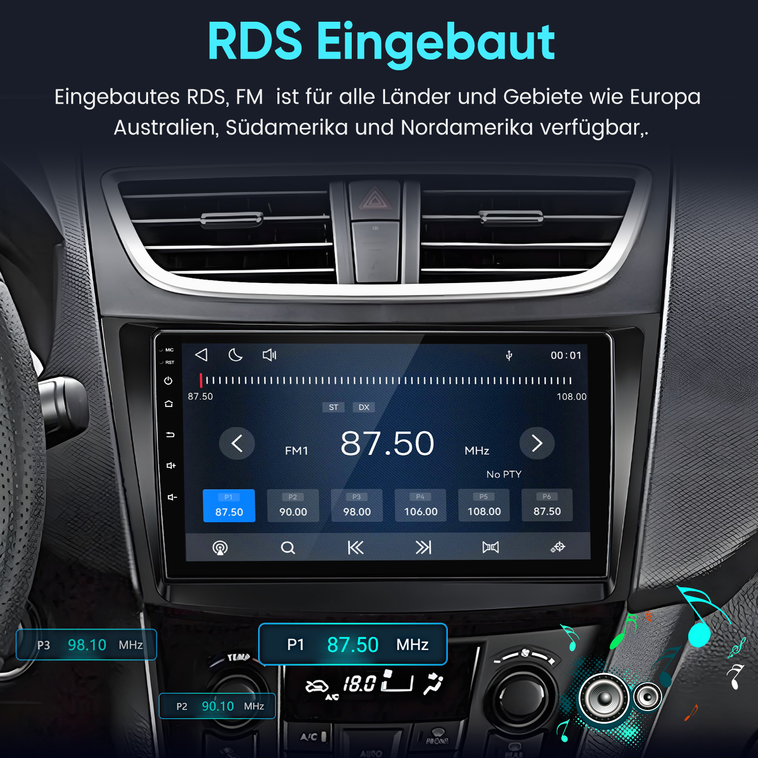 Autoradio mit Touchscreen zeigt FM 87.50 MHz und Menüoptionen, eingebaut im Armaturenbrett.