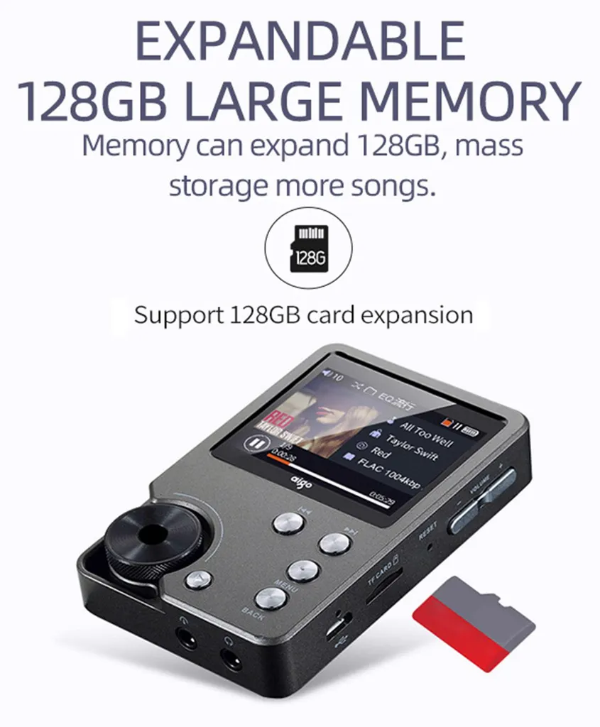 Ein grauer MP3-Player mit SD-Karteneinschub und Text über 128GB Speichererweiterung.