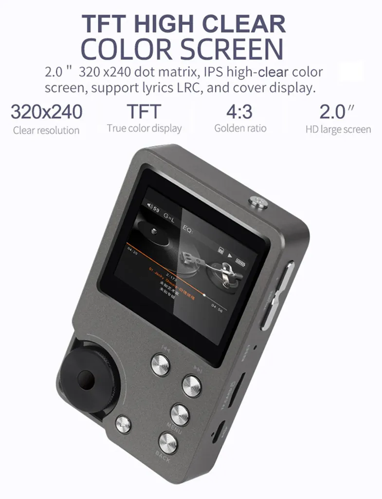 Grauer MP3-Player mit 2-Zoll-Bildschirm, physischen Tasten und Lautstärkeregler auf weißem Hintergrund mit Text.