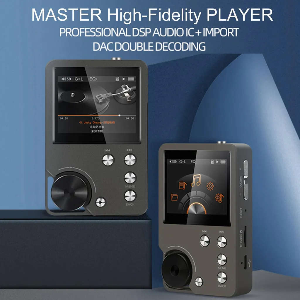 Zwei graue Hi-Fi-Musikplayer mit Displays und analogen Tasten vor blauem Hintergrund.