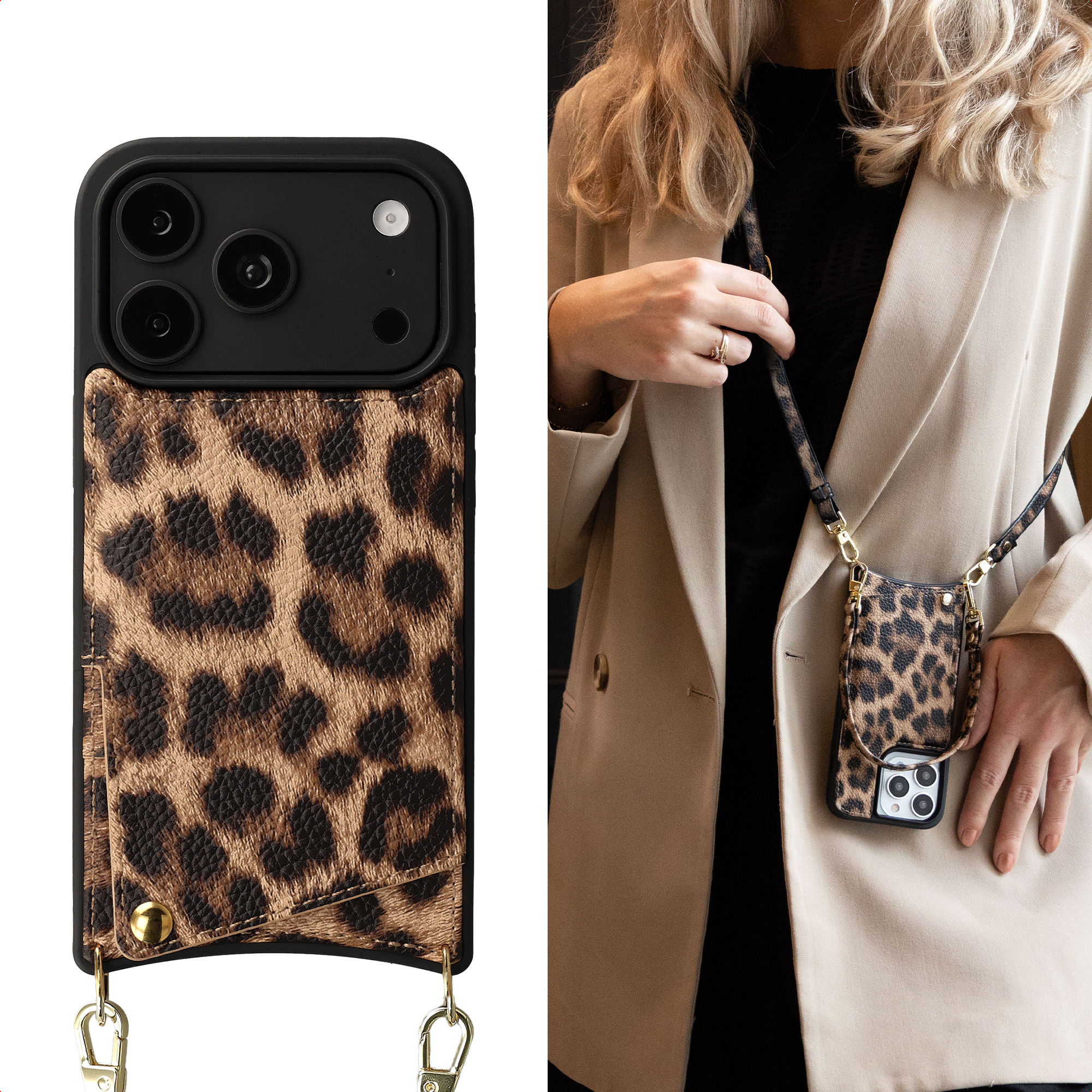 Eine Handyhülle mit Leopardenmuster, Tasche und Umhängegurt an einer Person.