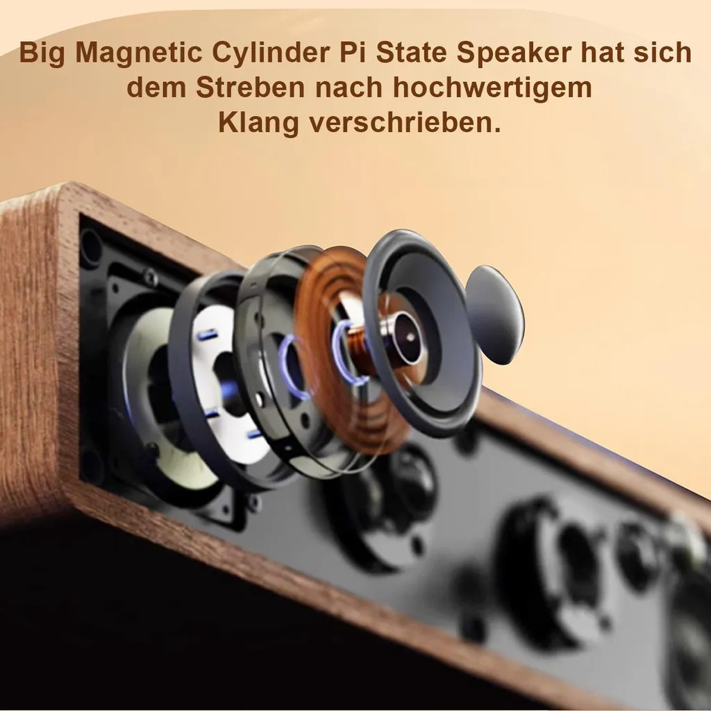 Eine Explosionsansicht eines Holzlautsprechers mit internen Komponenten wie Schwingspule und Lautsprechermembran.