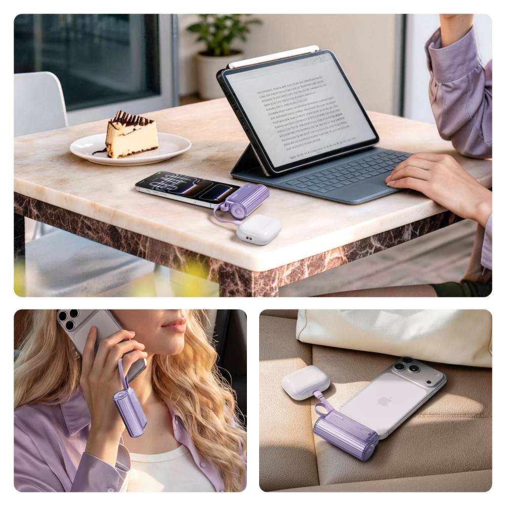 Eine Person nutzt ein Tablet am Tisch, daneben liegen Torte, Smartphone und eine kompakte Powerbank.
