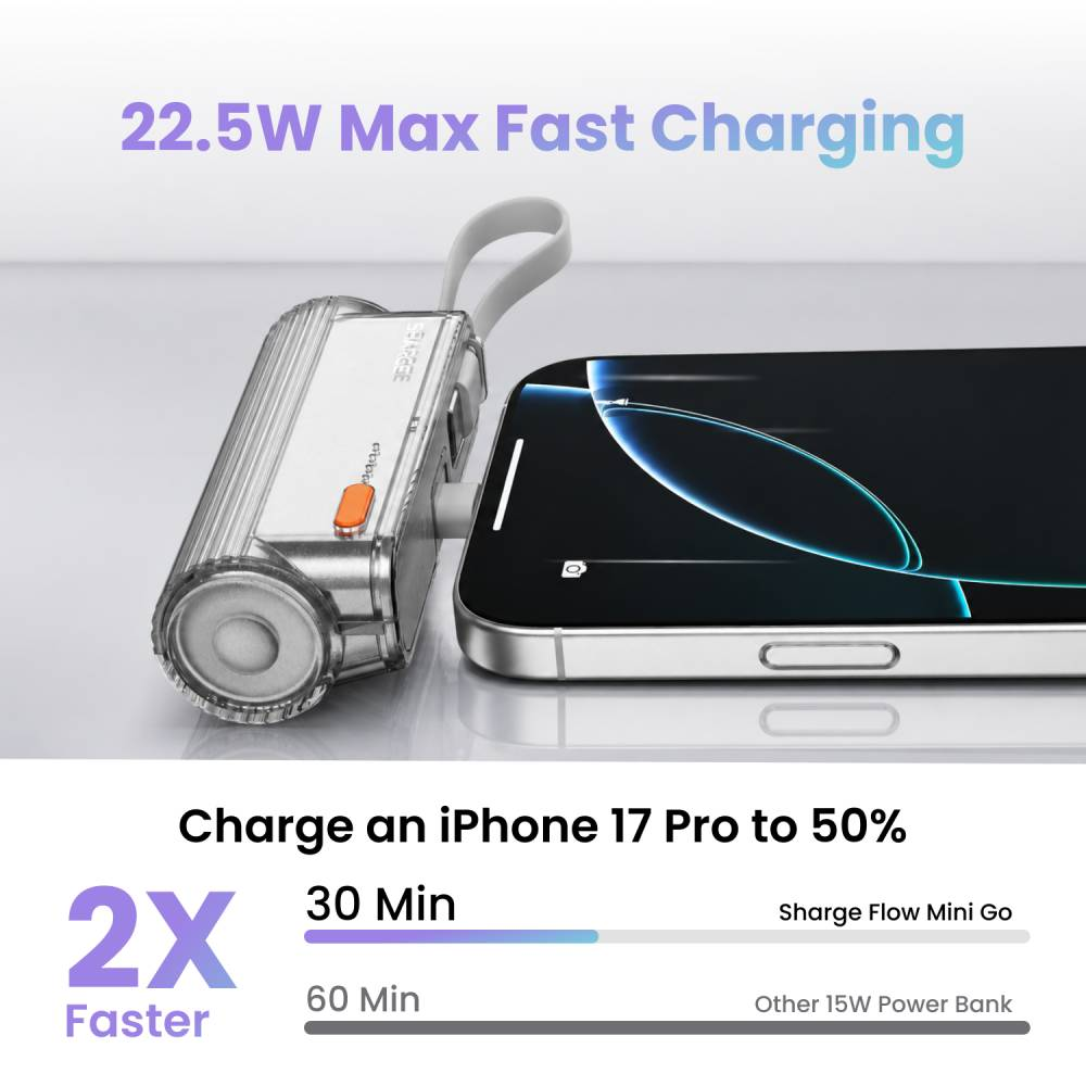 Kompakte Powerbank lädt ein Smartphone schnell auf, mit Text über 22,5W Schnellladen.