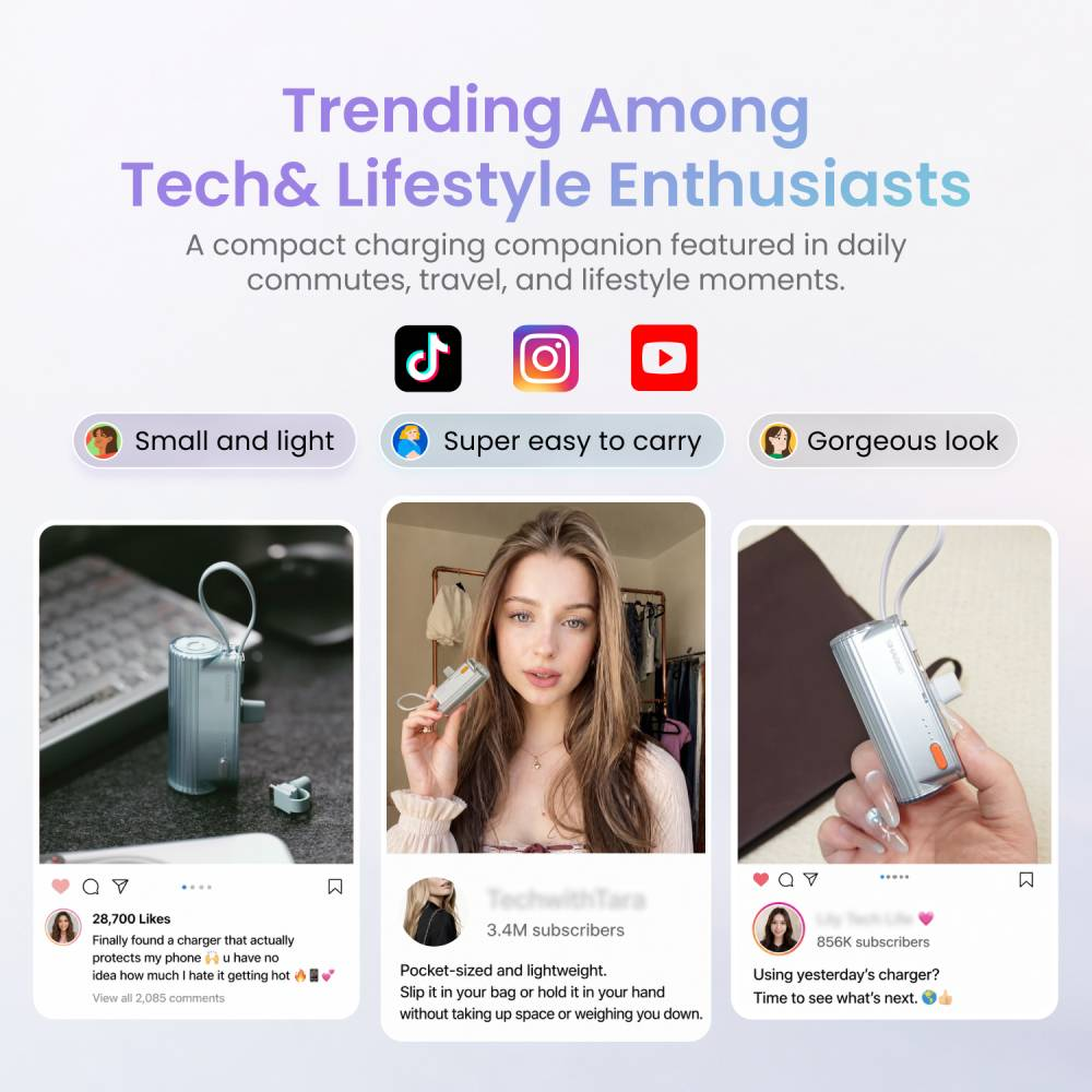 Werbebild für ein leichtes Ladegerät mit Social-Media-Logos, Produktfotos und positivem Feedback.