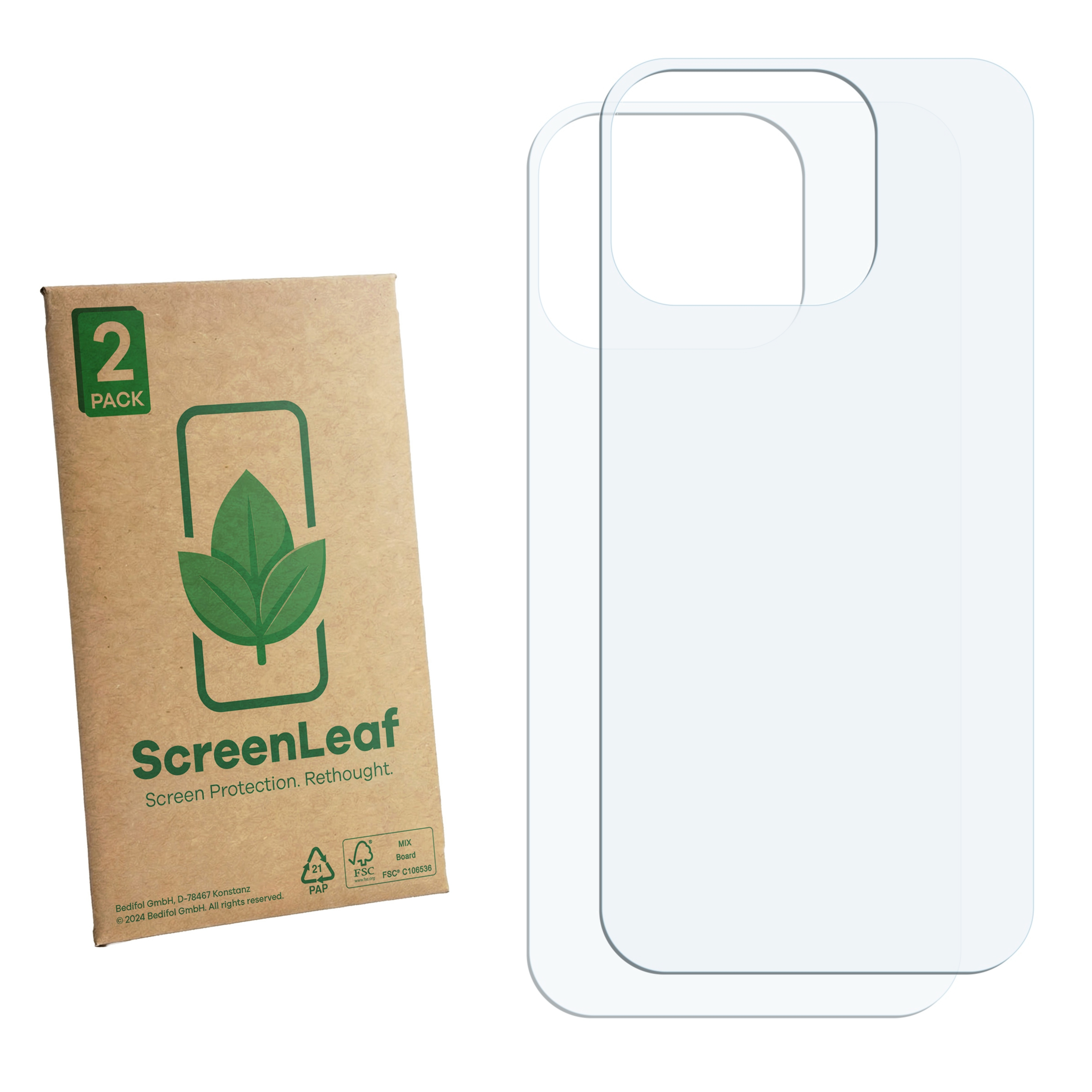 Zwei transparente Handy-Displayfolien neben einer umweltfreundlichen braunen Verpackung mit grünem Logo.