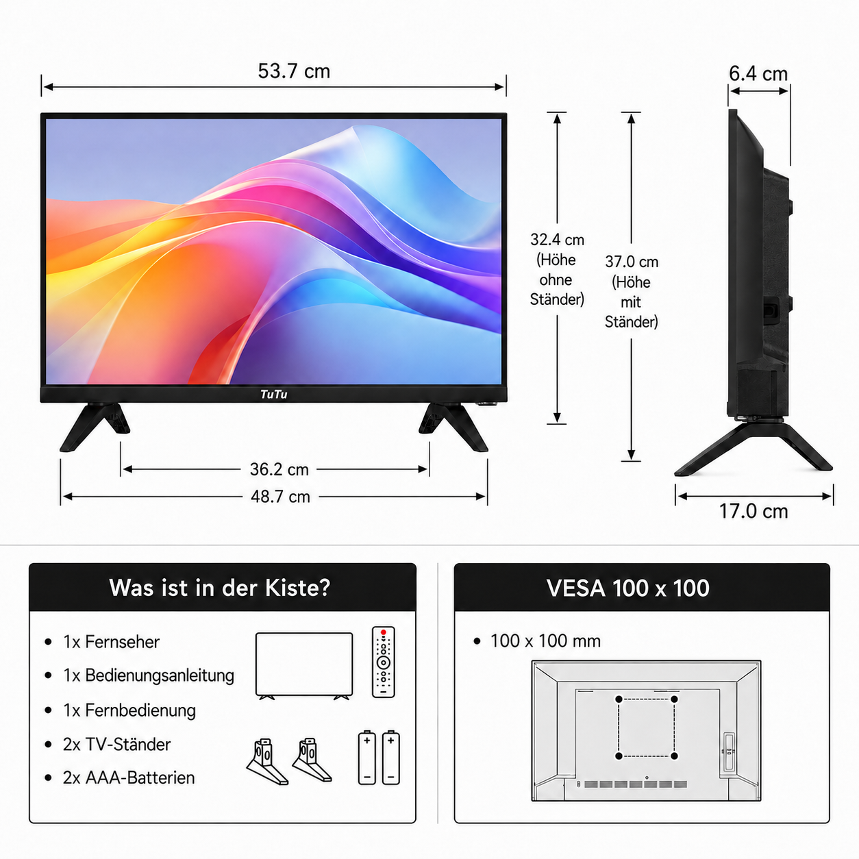 Diagramm zeigt Fernseherabmessungen, Lieferumfang und VESA-Halterung.