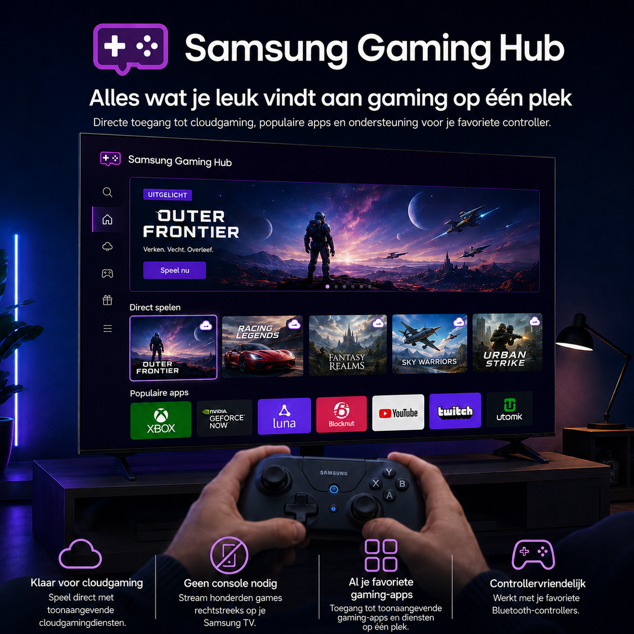 Samsung Gaming Hub Bildschirm zeigt Outer Frontier Spiel, ein Benutzer hält einen Controller.