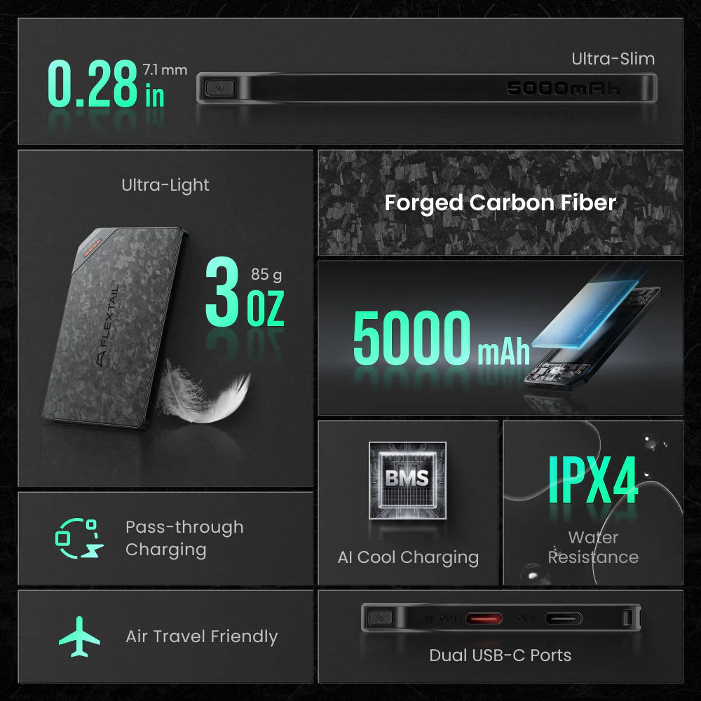Eine Infografik zeigt die Features einer ultra-schmalen Powerbank mit Kohlefaser und 5000 mAh.