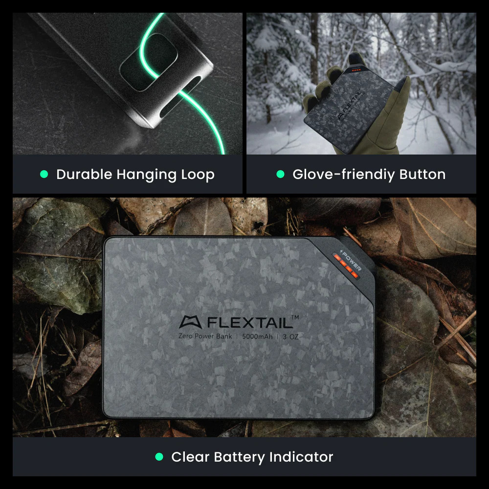 Flextail Zero Powerbank mit hängender Schlaufe, Handschuh-Taste und Batterieanzeige im Wald.
