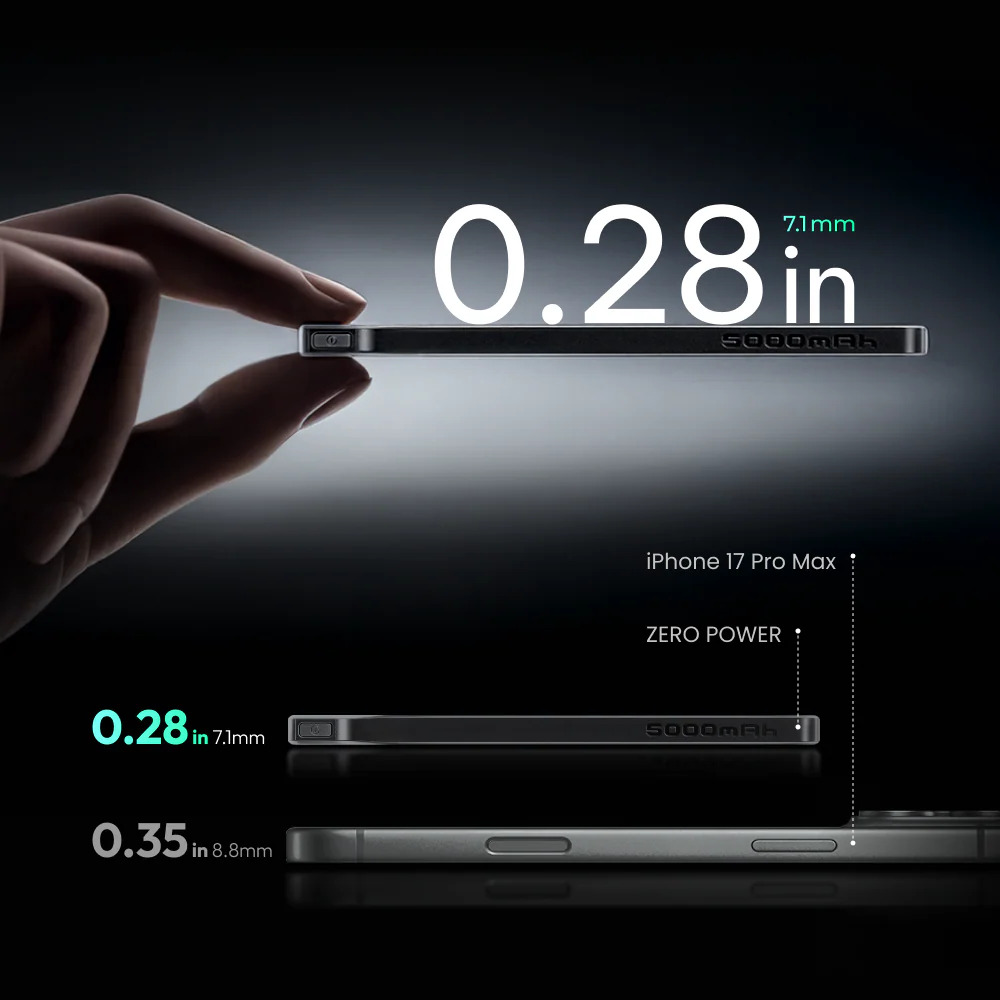 Eine Hand hält ein dünnes Smartphone, mit Vergleichsgrafiken zu Dicken von 0,28in und 0,35in auf dunklem Hintergrund.