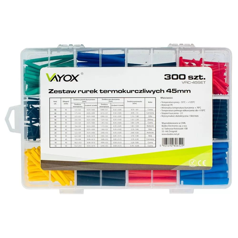 Transparente Box mit bunten Schrumpfschläuchen in verschiedenen Größen und einer Produkttabelle.