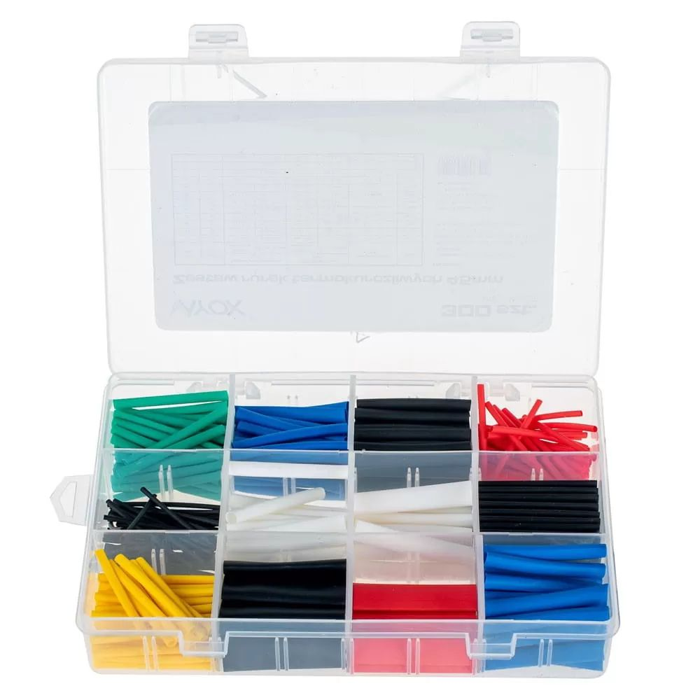 Transparente Plastikbox mit mehreren Fächern gefüllt mit bunten Schrumpfschläuchen.