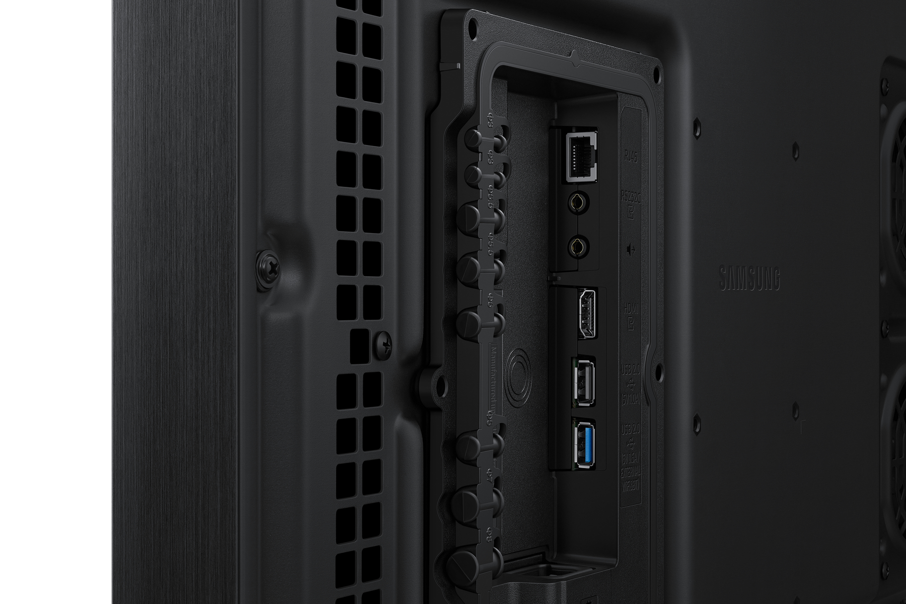 Retro di un monitor Samsung nero con varie porte di connessione e griglie di ventilazione.