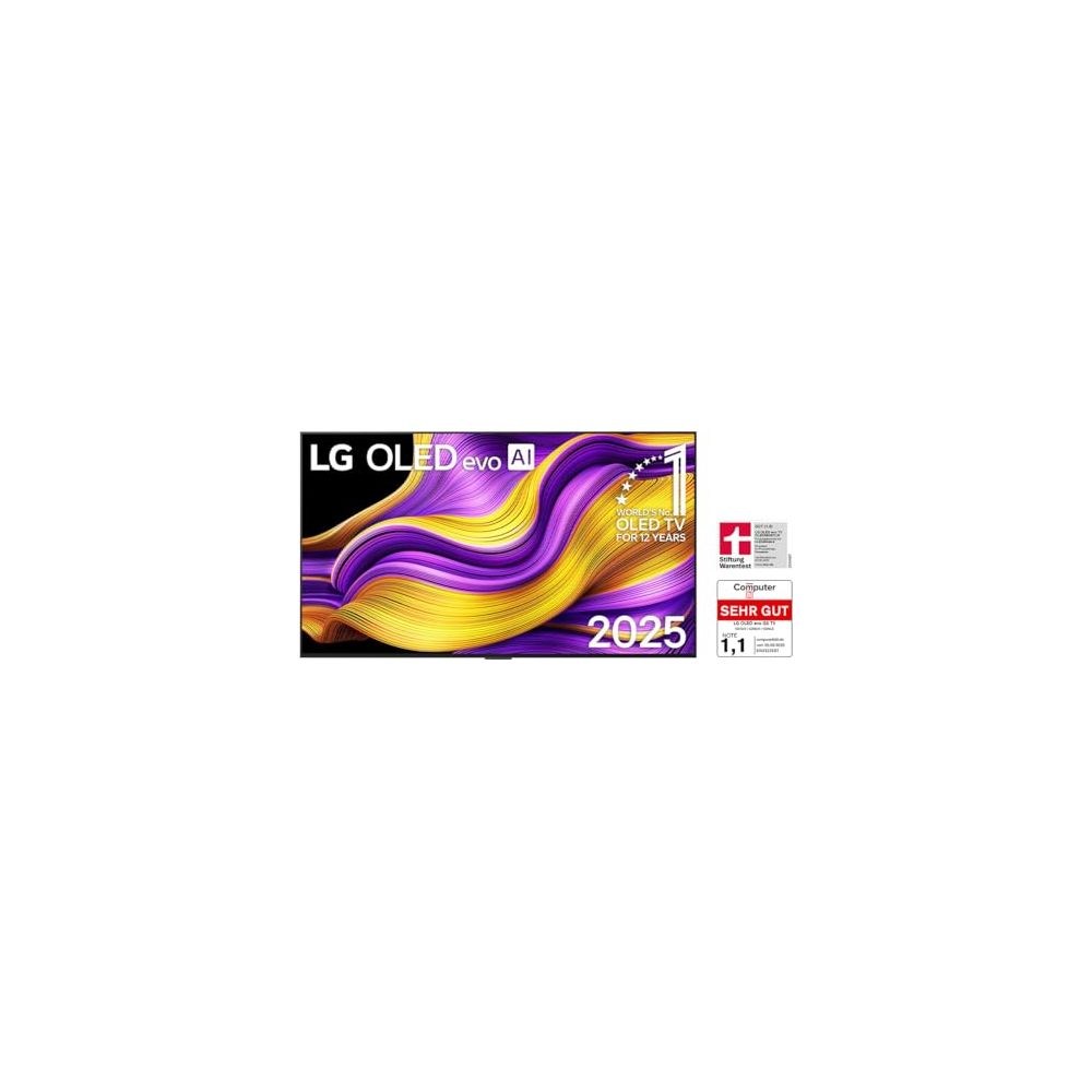 Téléviseur LG OLED evo AI avec écran abstrait violet et jaune et résultats de test sur fond blanc.