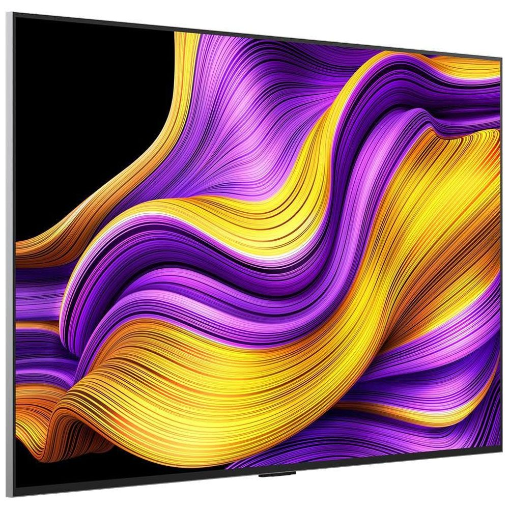Un téléviseur affichant un motif d'ondes abstrait et coloré en violet, jaune et noir.