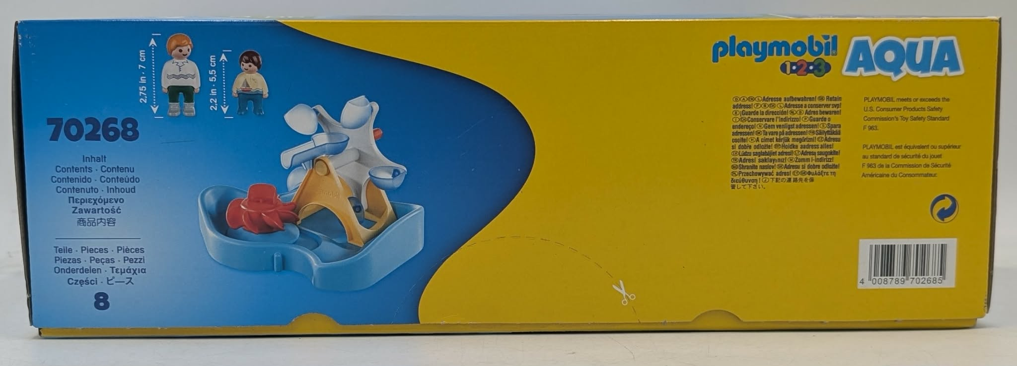Gelbe Playmobil Aqua 1-2-3 Verpackung mit Bildern von Spielzeugteilen und der Nummer 70268.