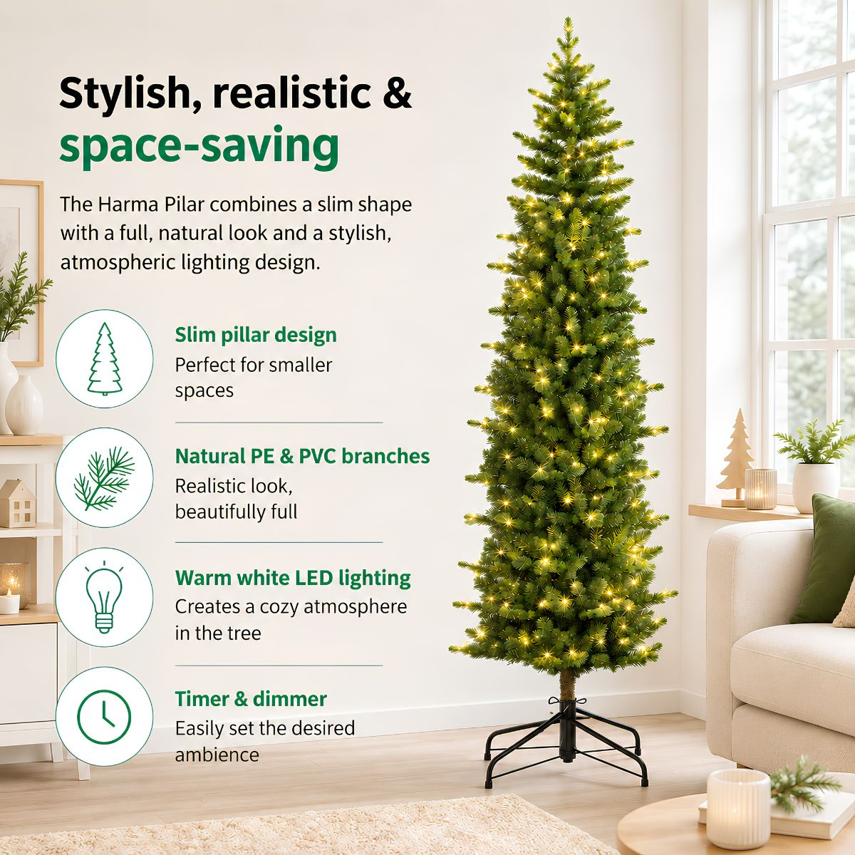 A slim artificial Christmas tree with warm white lights standing in a bright, cozy living room.