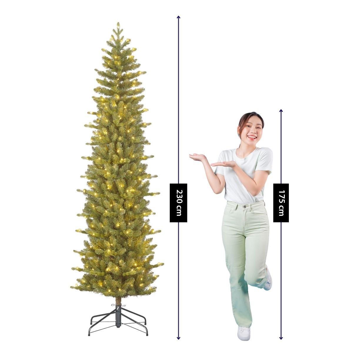 A woman poses next to a 230 cm tall Christmas tree, with height markers indicating 230 cm and 175 cm.