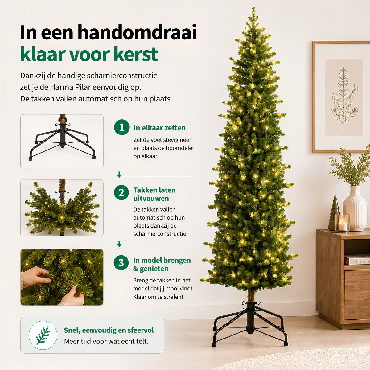 A slim Christmas tree with lights, alongside instructions for easy setup and Dutch text.