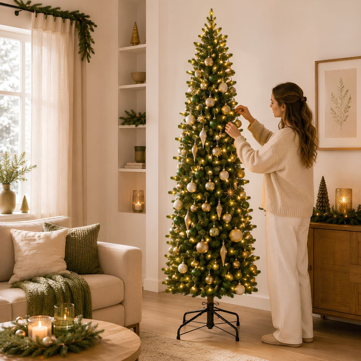 A woman in a white sweater decorates a tall Christmas tree with gold and green ornaments in a cozy living room.