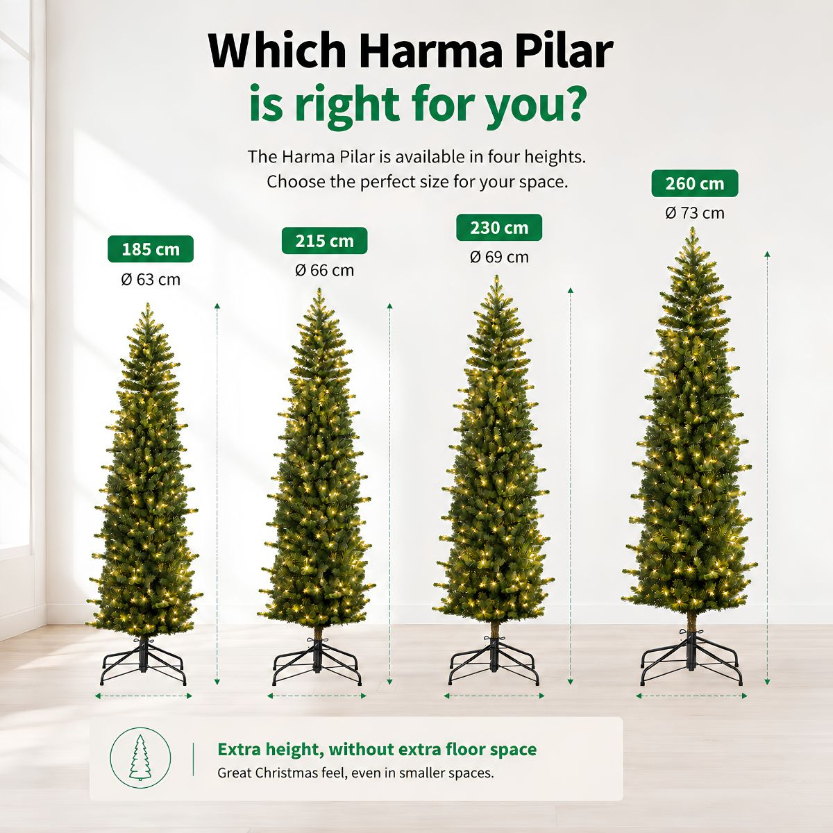 Four Harma Pilar Christmas trees of different heights, from 185 cm to 260 cm, shown with size and diameter labels.